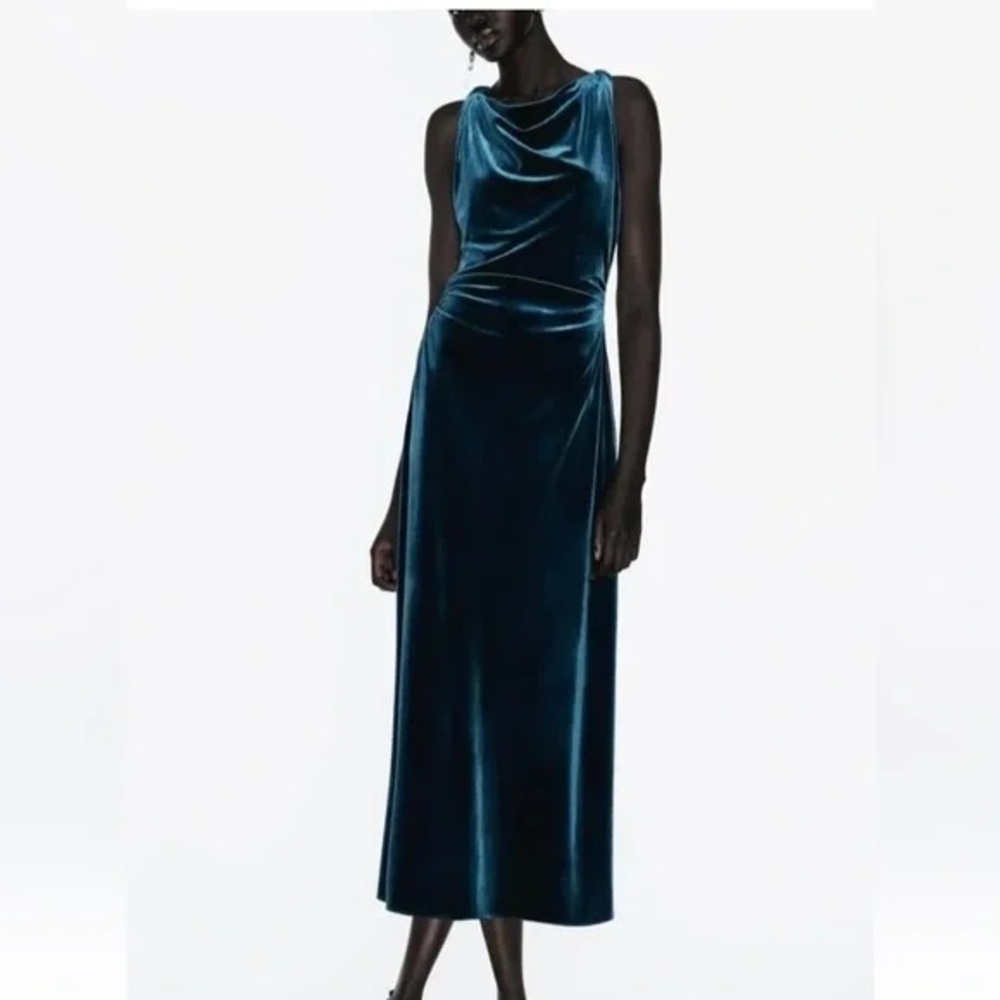 Zara Velvet Midi Dress, Size SMALL, Duck Blue, NWT